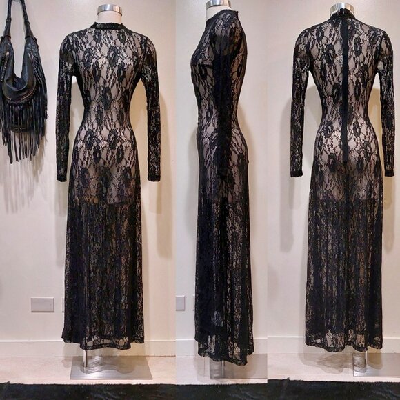 Vintage Dresses & Skirts - Vintage Black Lace Maxi Dress